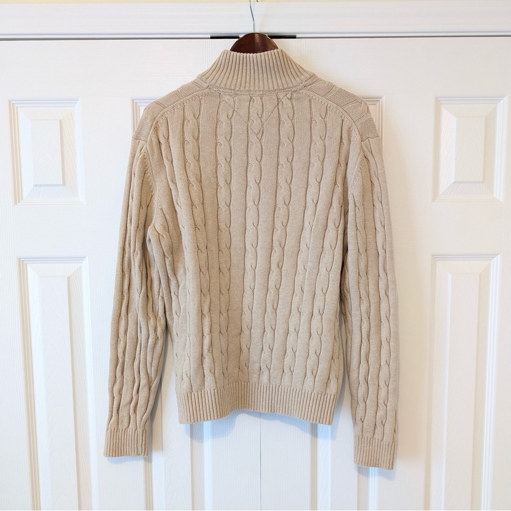 Size L Tommy Hilfiger 100% Cotton Y2K Vintage Cream Chunky Knit Quarter Zip - Picture 3 of 15